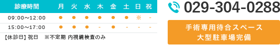 診療時間：9：00-12：00 15：00-17：00 土曜 9:00-13:00 休診日：木午後、土午後、日午後、祝 TEL:029-304-0288 土曜午前診療・日帰り手術に対応　手術・内視鏡(要予約)